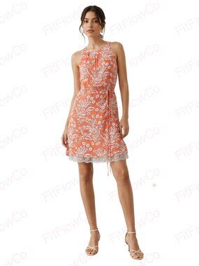 Ann Taylor LOFT Coral Floral Dress Size 4 Lace Hem Lined Sleeveless EUC